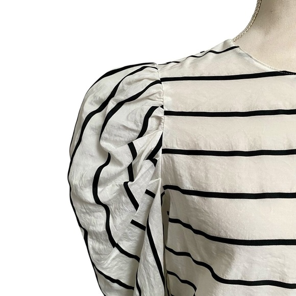 Zara Puff Sleeve Striped Blouse XS Black White Asymmetric Back Modern Chic - Picture 6 of 16